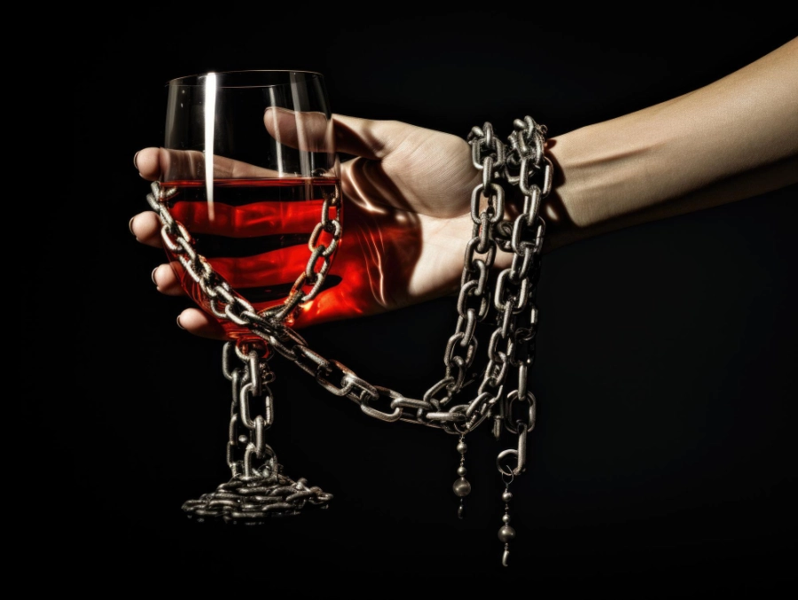 женщина скована цепью с алкоголем