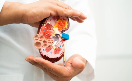 врач держит макет почки с надпочечником