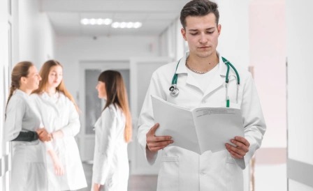 доктор в коридоре клиники с планшетом в руках