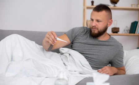 мужчина держит градусник