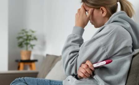 женщина расстраивается смотря на тест для беременности 