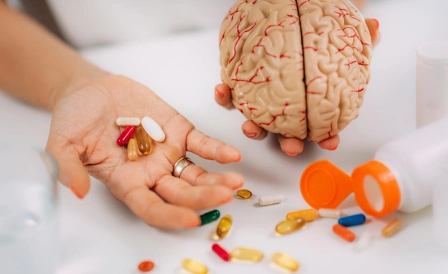 врач держит в руках таблетки и фигурку мозга
