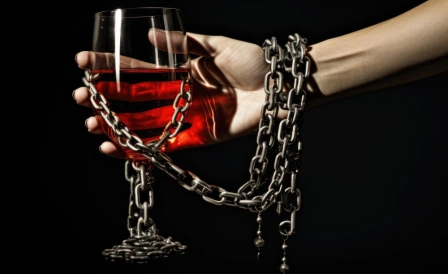 женщина скована цепью с алкоголем