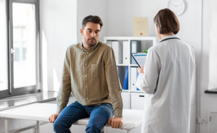 доктор разговаривает с пациентом о варикоцеле 