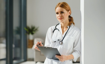женщина доктор сидит с планшетом в руках